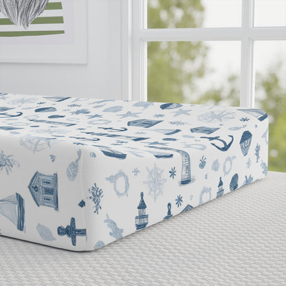 Close-up of the sketched nautical print on a changing pad cover