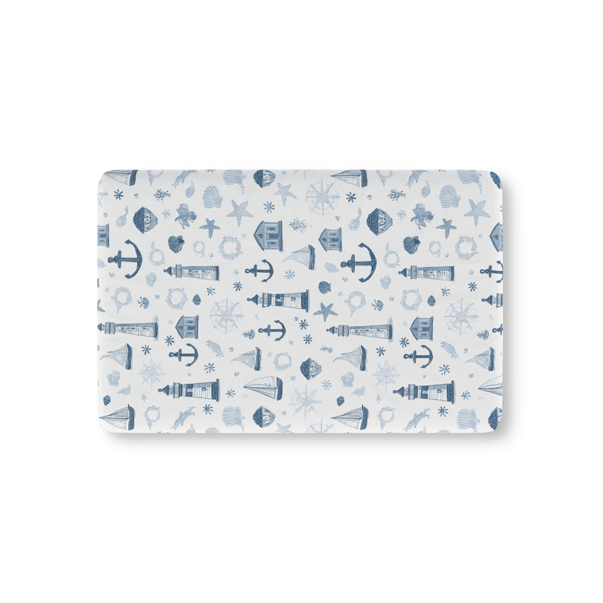 Nautical fitted crib sheet with lighthouses and anchors in navy