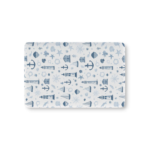 Nautical fitted crib sheet with lighthouses and anchors in navy