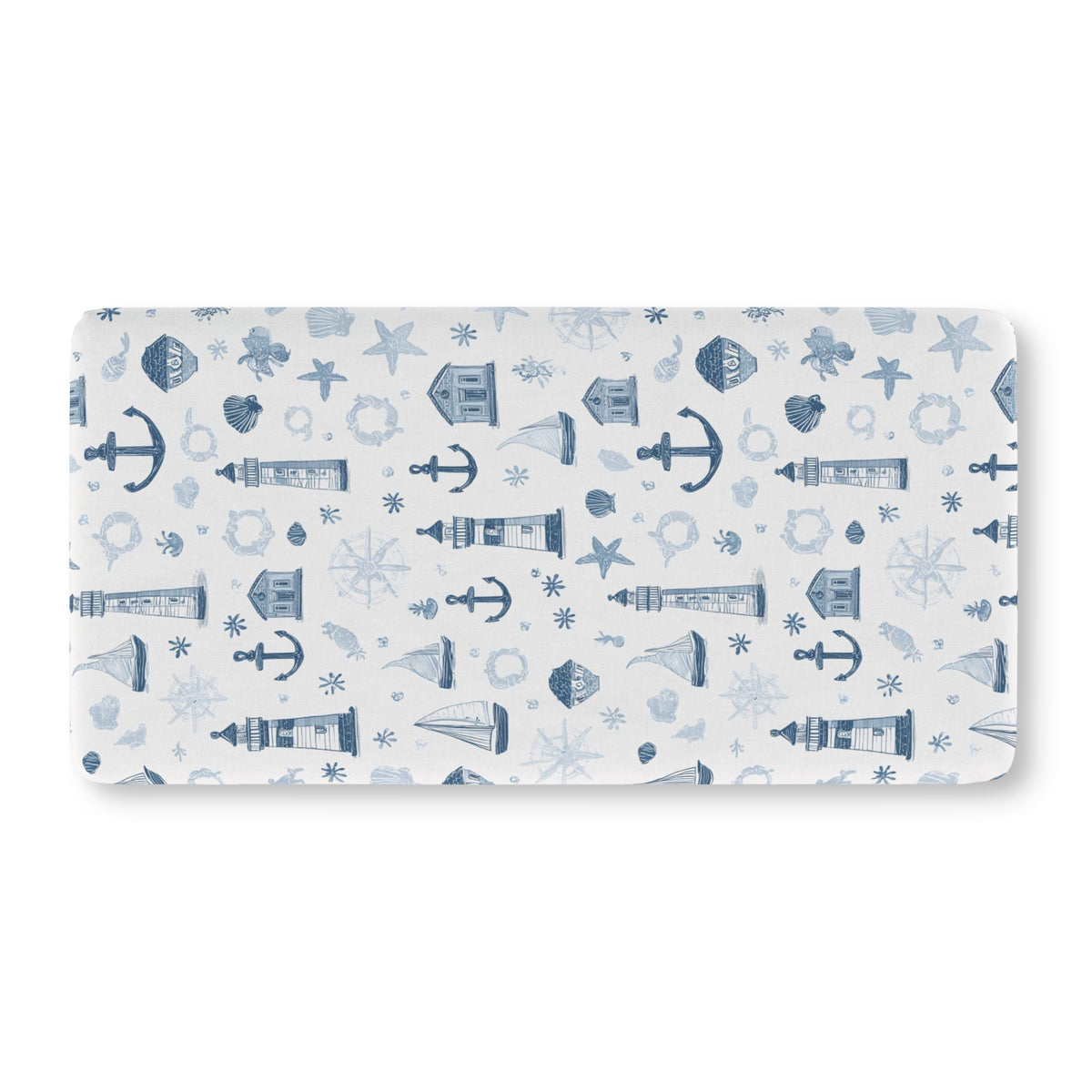 Navy nautical crib sheet showing the fitted elasticated corner