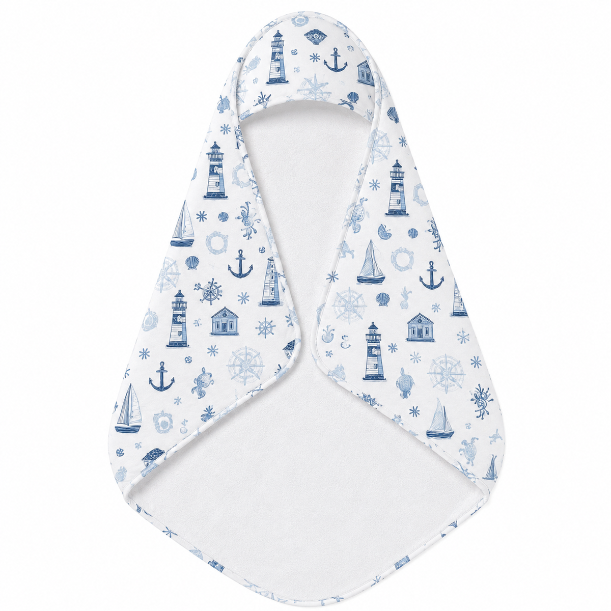 Nautical Harbour hooded baby towel wrapped around a baby