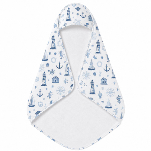 Nautical Harbour hooded baby towel wrapped around a baby