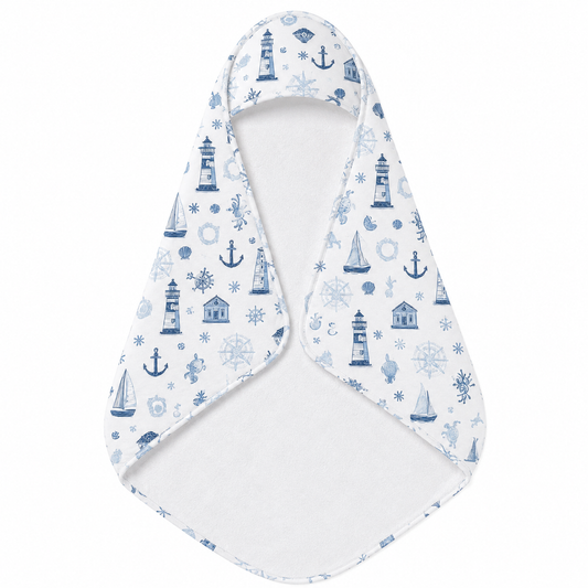 Nautical Harbour hooded baby towel wrapped around a baby