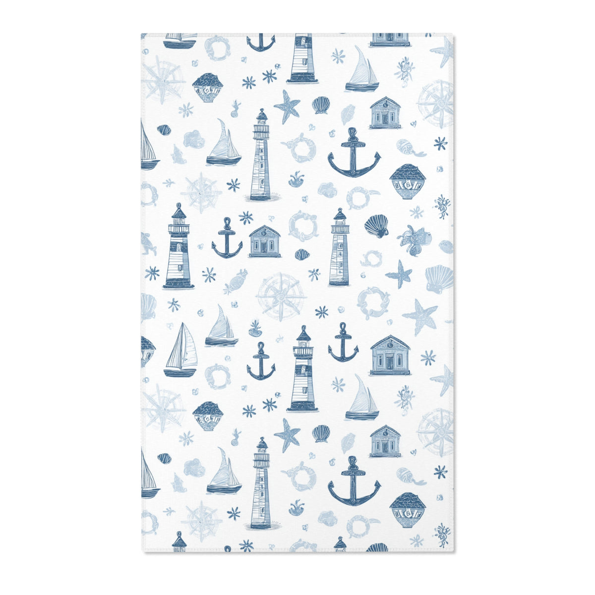 Rectangular navy nautical nursery rug shown from above