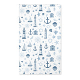 Rectangular navy nautical nursery rug shown from above