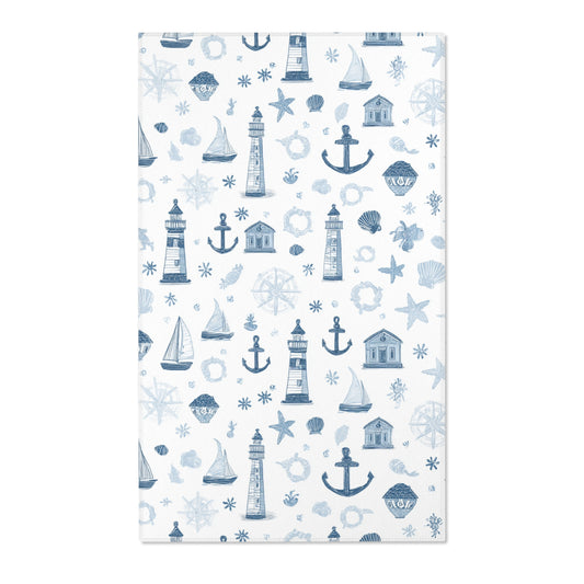 Rectangular navy nautical nursery rug shown from above