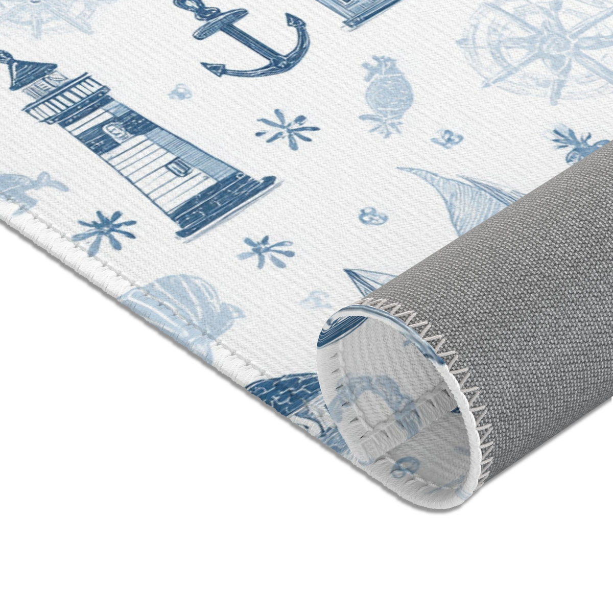 Navy nautical nursery rug shown at full size
