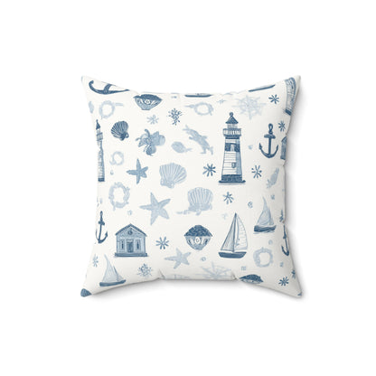 Faux suede nursery cushion with navy lighthouses and sailboats