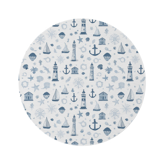 Nautical round nursery rug on a baby boy bedroom floor
