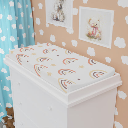 Peach Rainbow changing pad cover fitted over a contoured pad