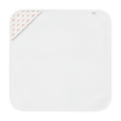 Hooded baby towel with peach rainbows and cream stars