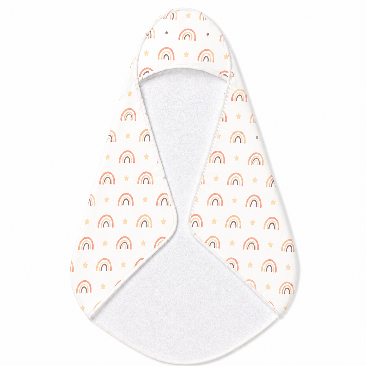 Peach Rainbow hooded baby towel wrapped around a baby