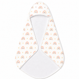 Peach Rainbow hooded baby towel wrapped around a baby