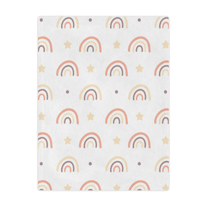 Minky baby blanket in peach, cream and taupe, Peach Rainbow print