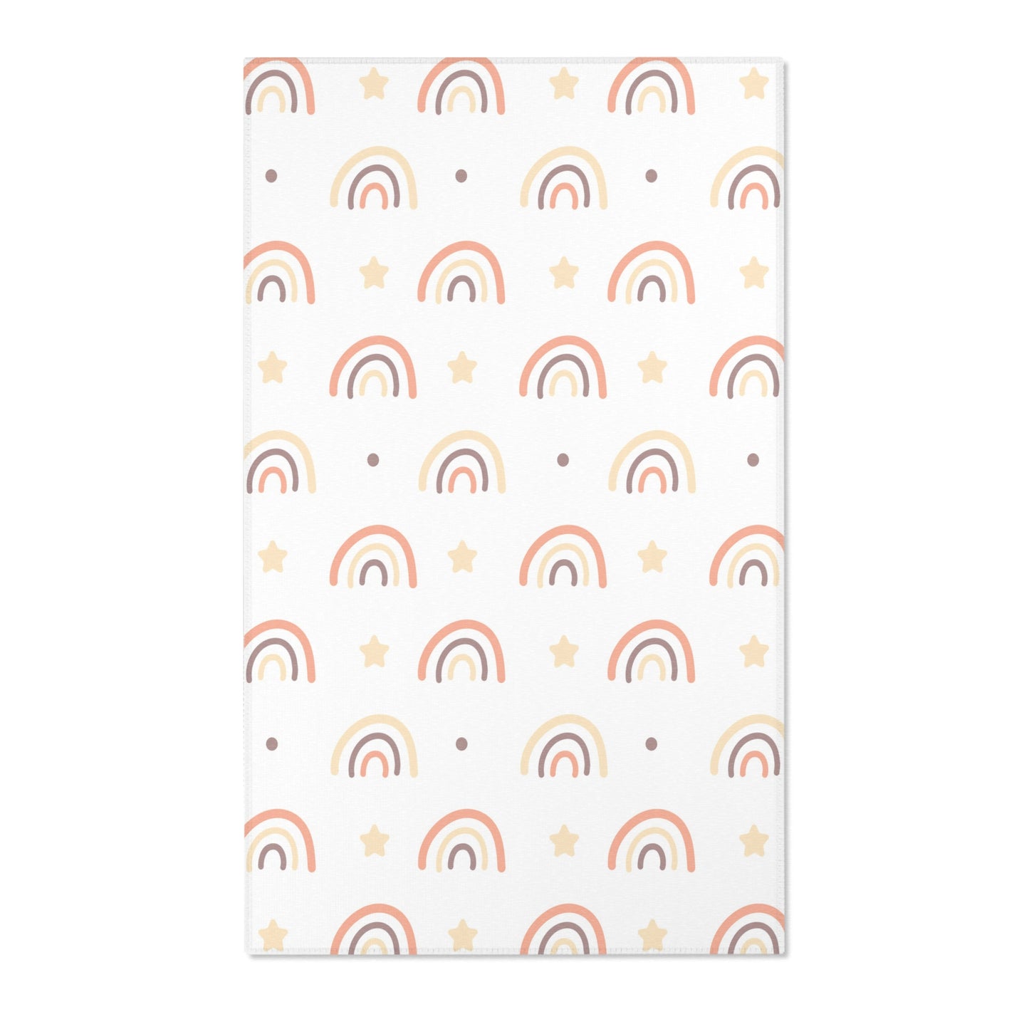 Rainbow nursery area rug in soft peach, cream and taupe