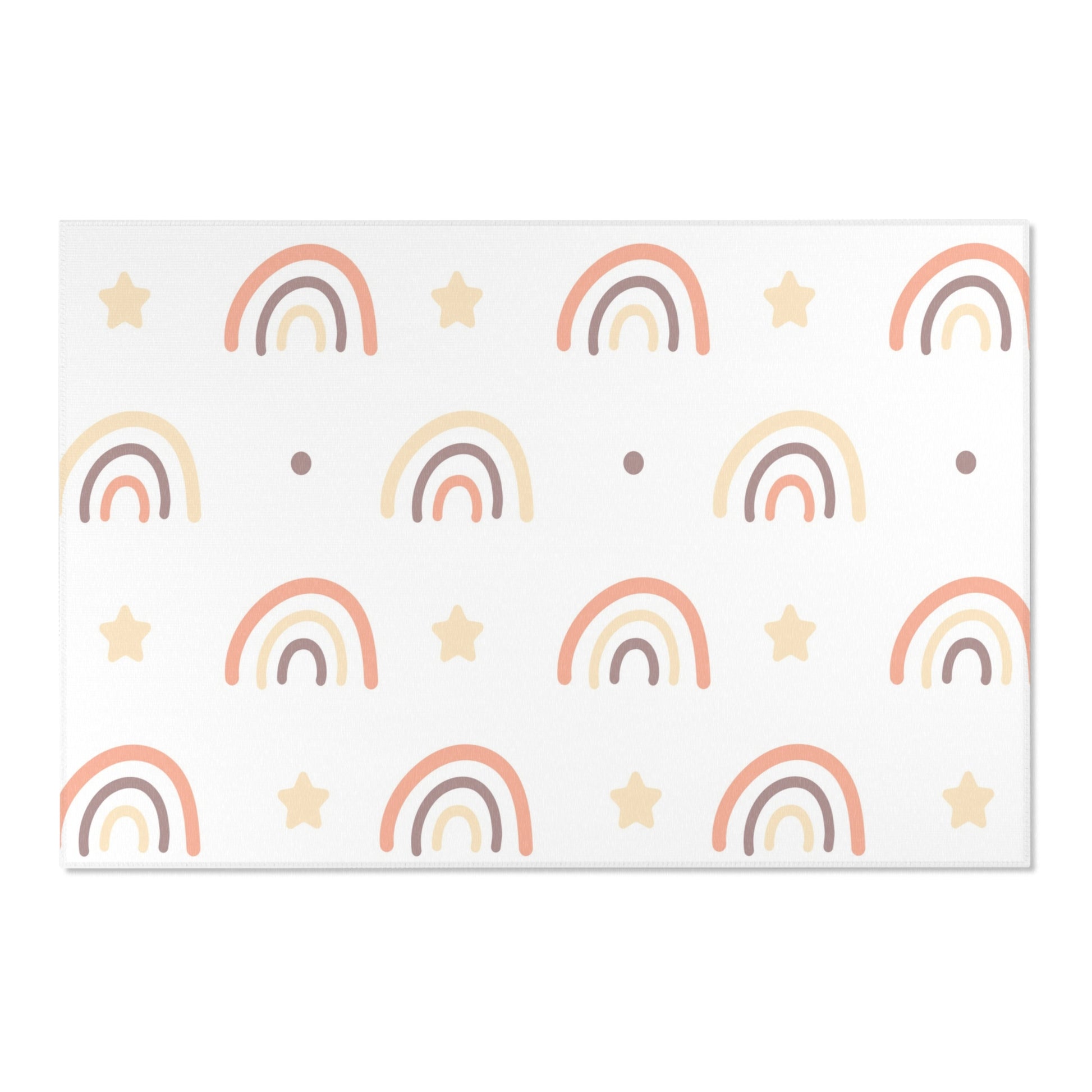 Low pile nursery rug with peach rainbows and cream stars