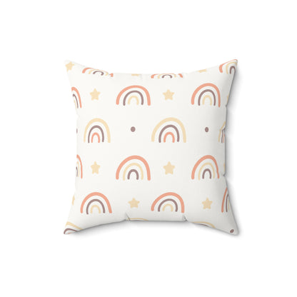 Faux suede nursery pillow with peach rainbows and cream stars
