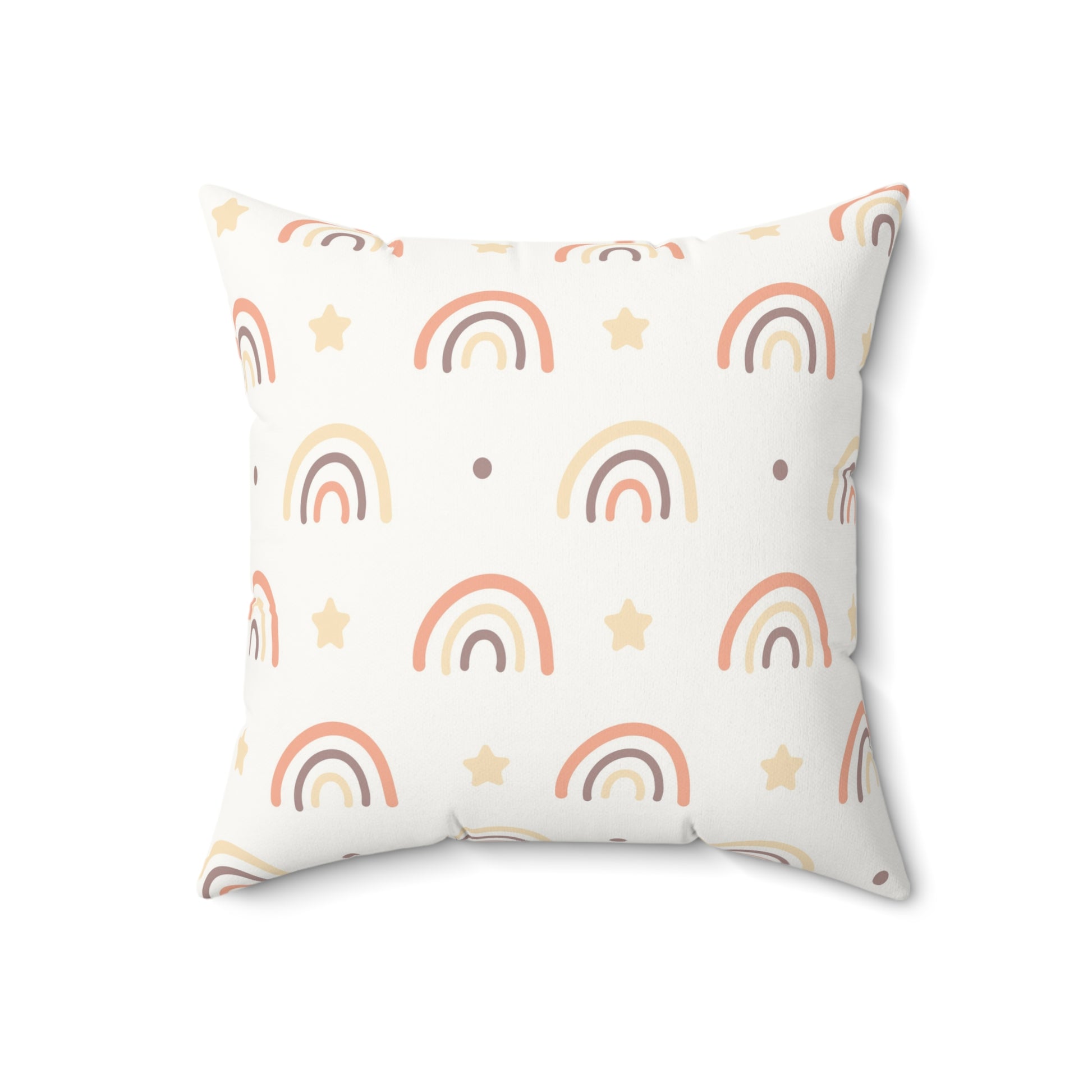 Close detail of the drawn rainbow print on the faux suede pillow