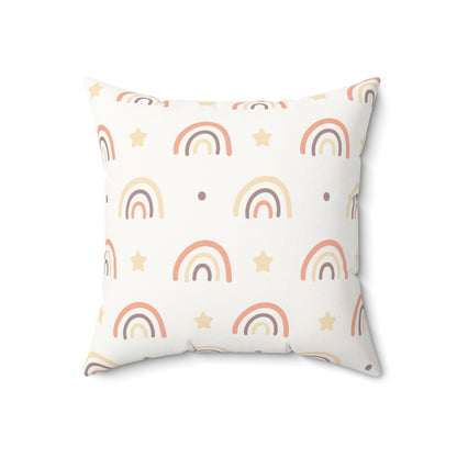 Close detail of the drawn rainbow print on the faux suede pillow