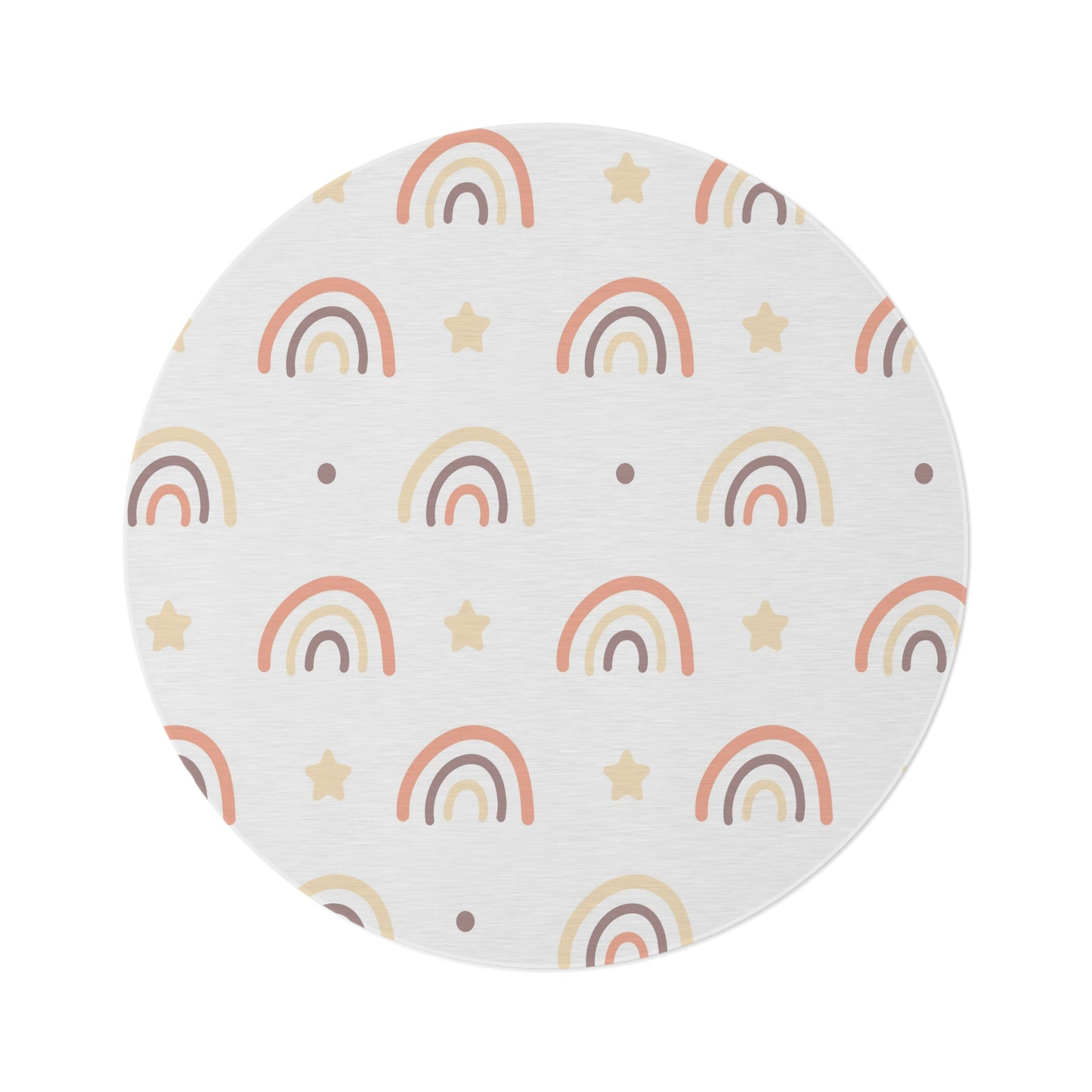 Peach Rainbow round nursery rug on a baby room floor