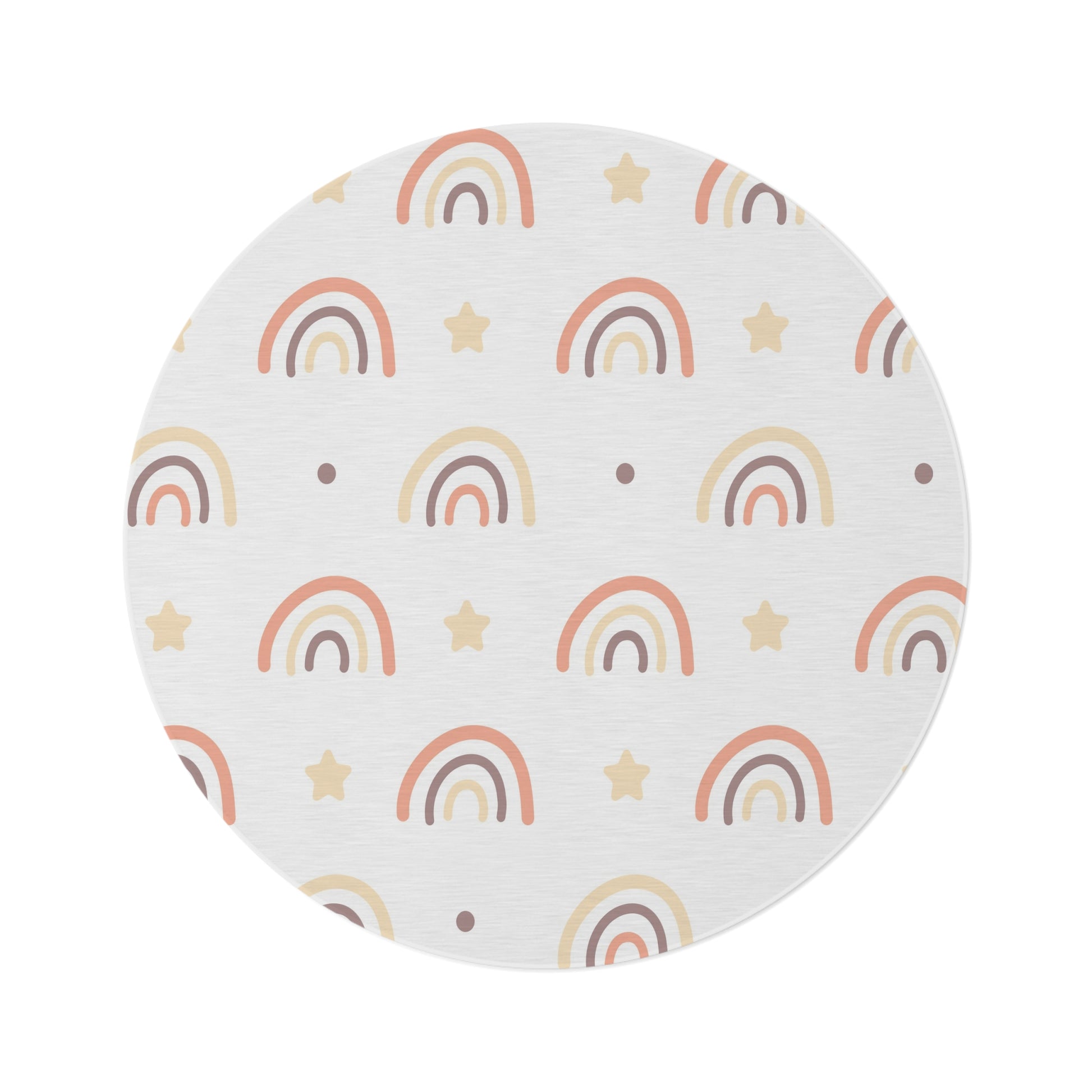 Peach Rainbow round nursery rug on a baby room floor