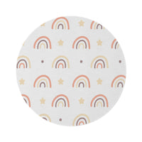 Peach Rainbow round nursery rug on a baby room floor