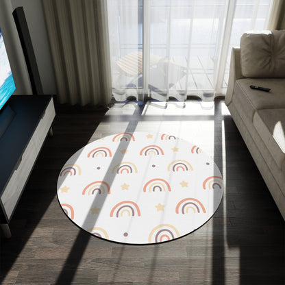 Close detail of the rainbow and star print on the round rug