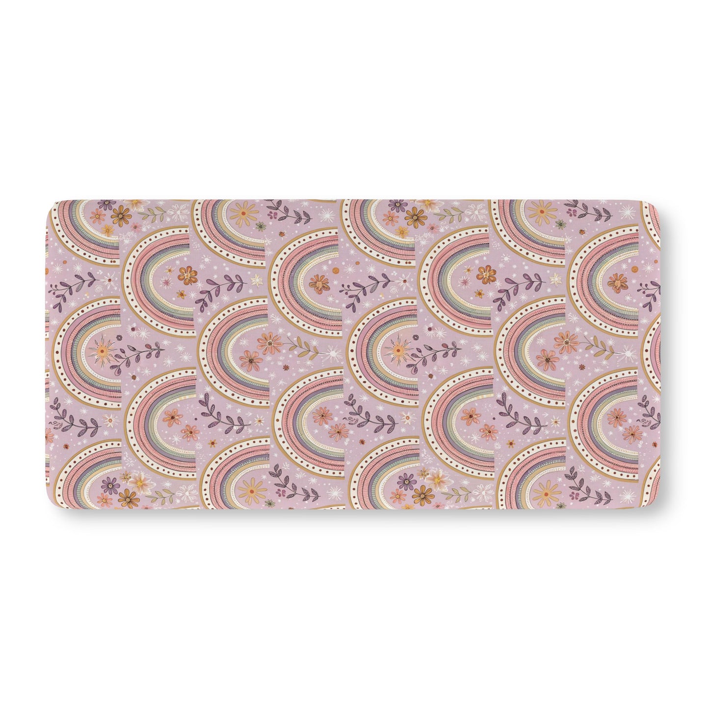Fitted crib sheet with blush and sage arches on soft mauve