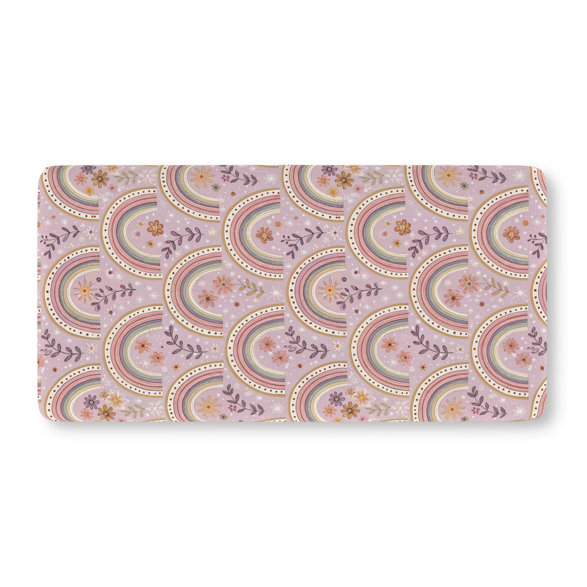 Fitted crib sheet with blush and sage arches on soft mauve