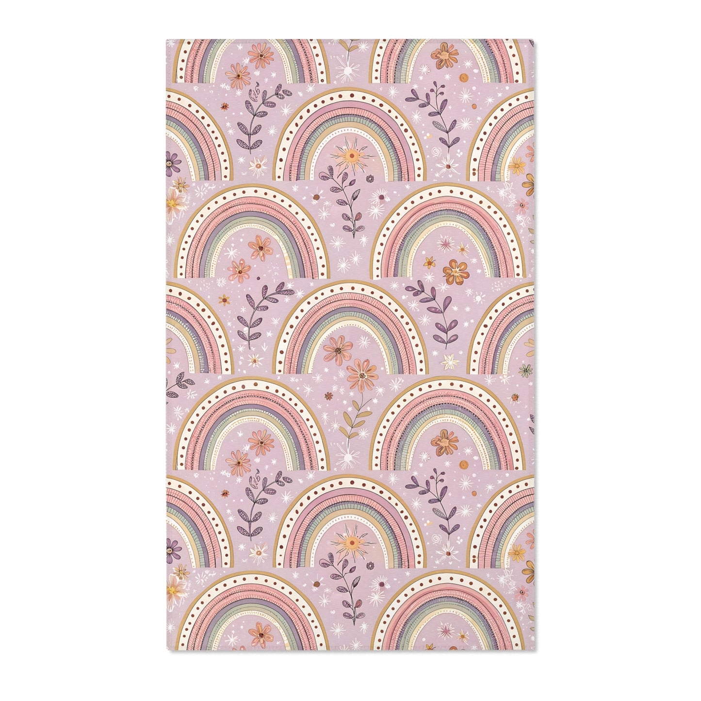 Blush arch nursery area rug on a soft mauve ground