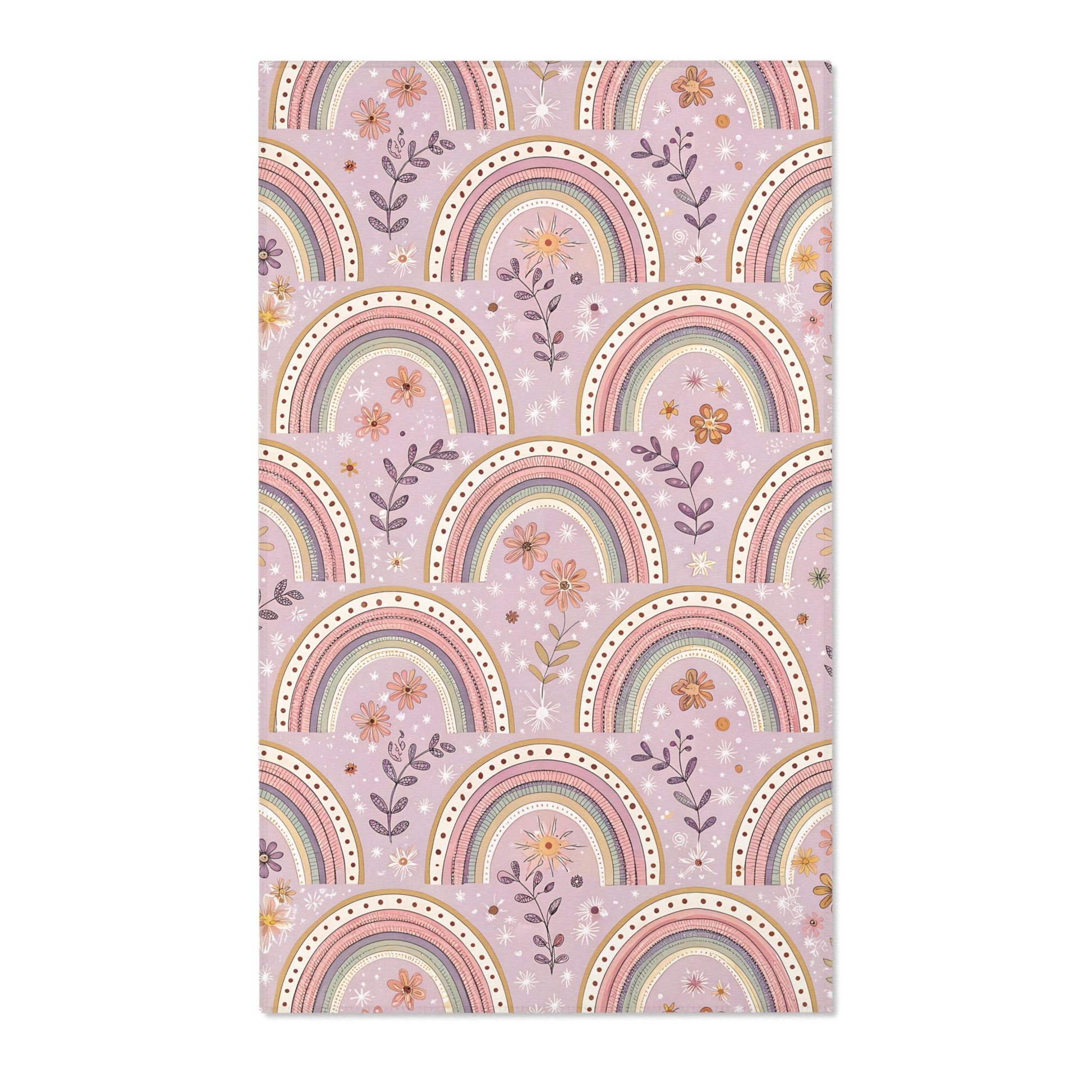 Blush arch nursery area rug on a soft mauve ground