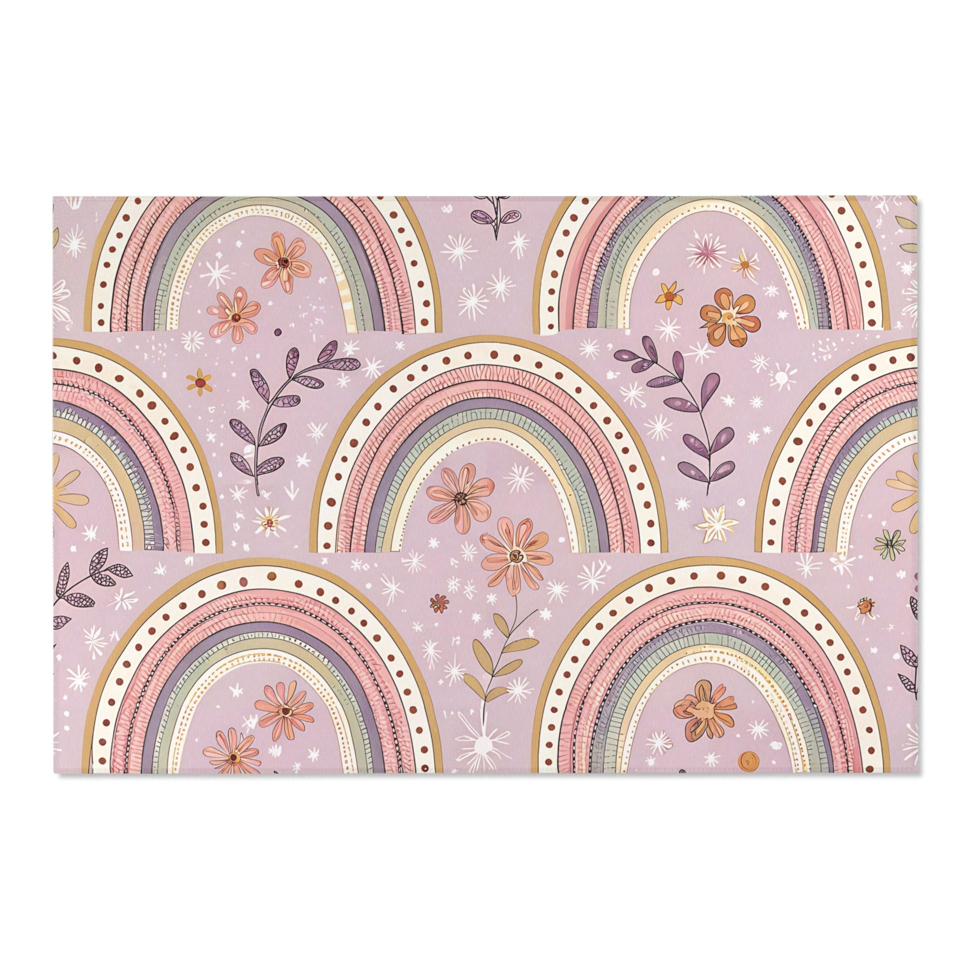 Low pile nursery rug with close-set blush and sage arches