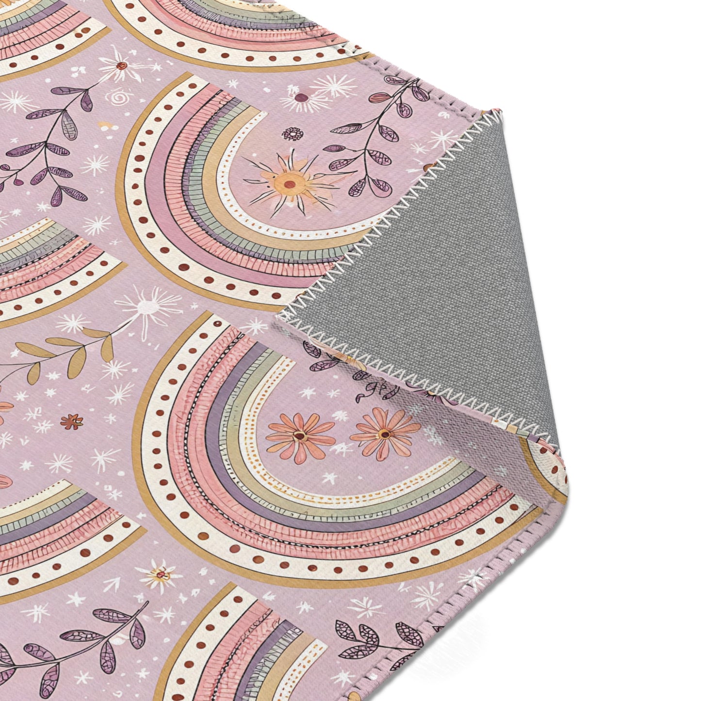 Nursery area rug printed edge to edge with scalloped arches
