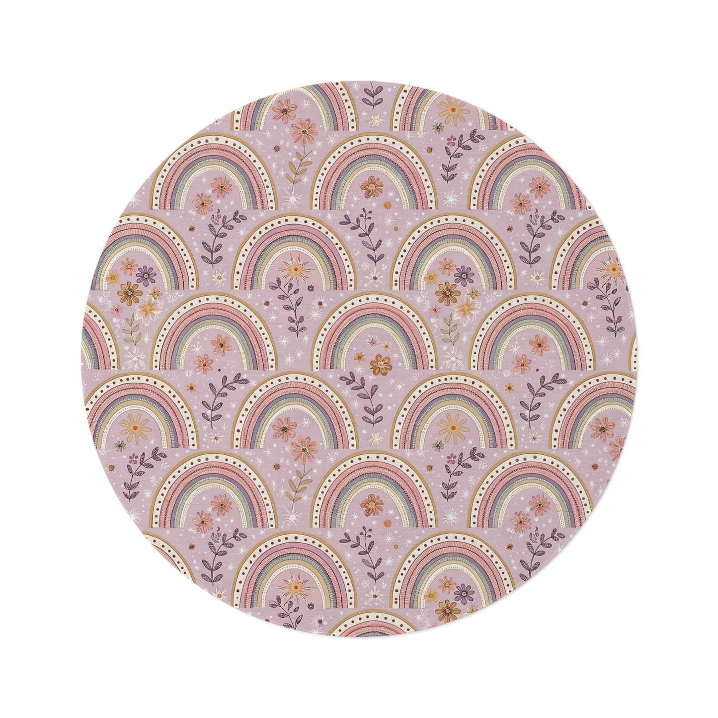 Petal Arches round nursery rug on a baby room floor