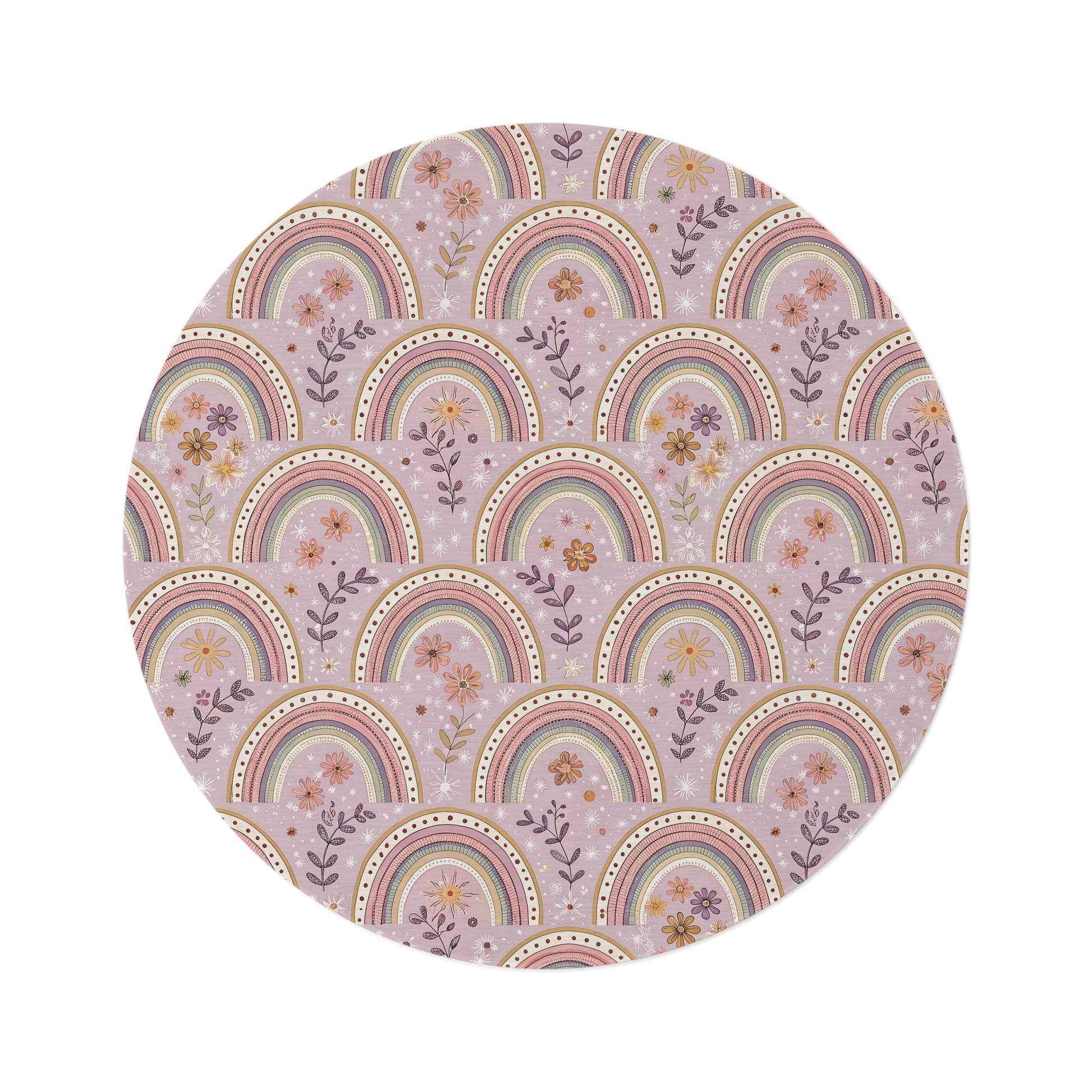 Petal Arches round nursery rug on a baby room floor
