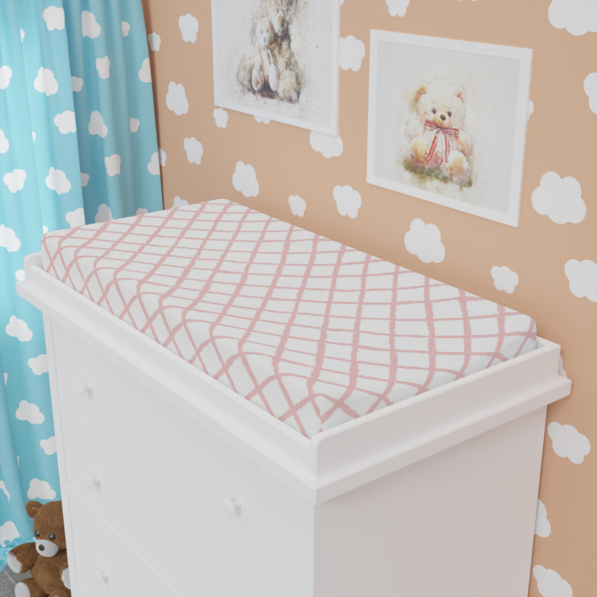 Pink trellis changing pad cover styled in a baby girl nursery