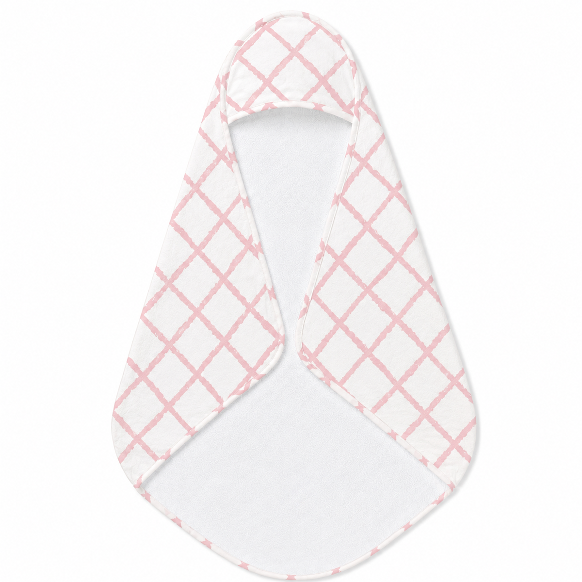 Pink Trellis hooded baby towel wrapped around a baby