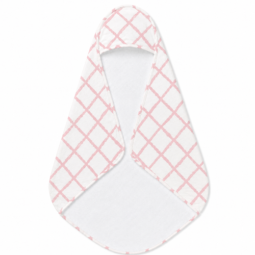 Pink Trellis hooded baby towel wrapped around a baby