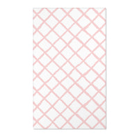 Rectangular pink lattice print nursery rug shown from above