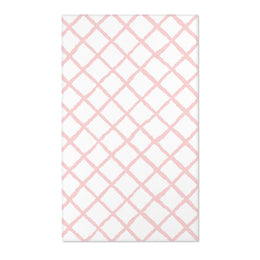 Rectangular pink lattice print nursery rug shown from above