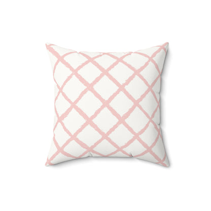 Faux suede nursery pillow in a soft pink lattice print