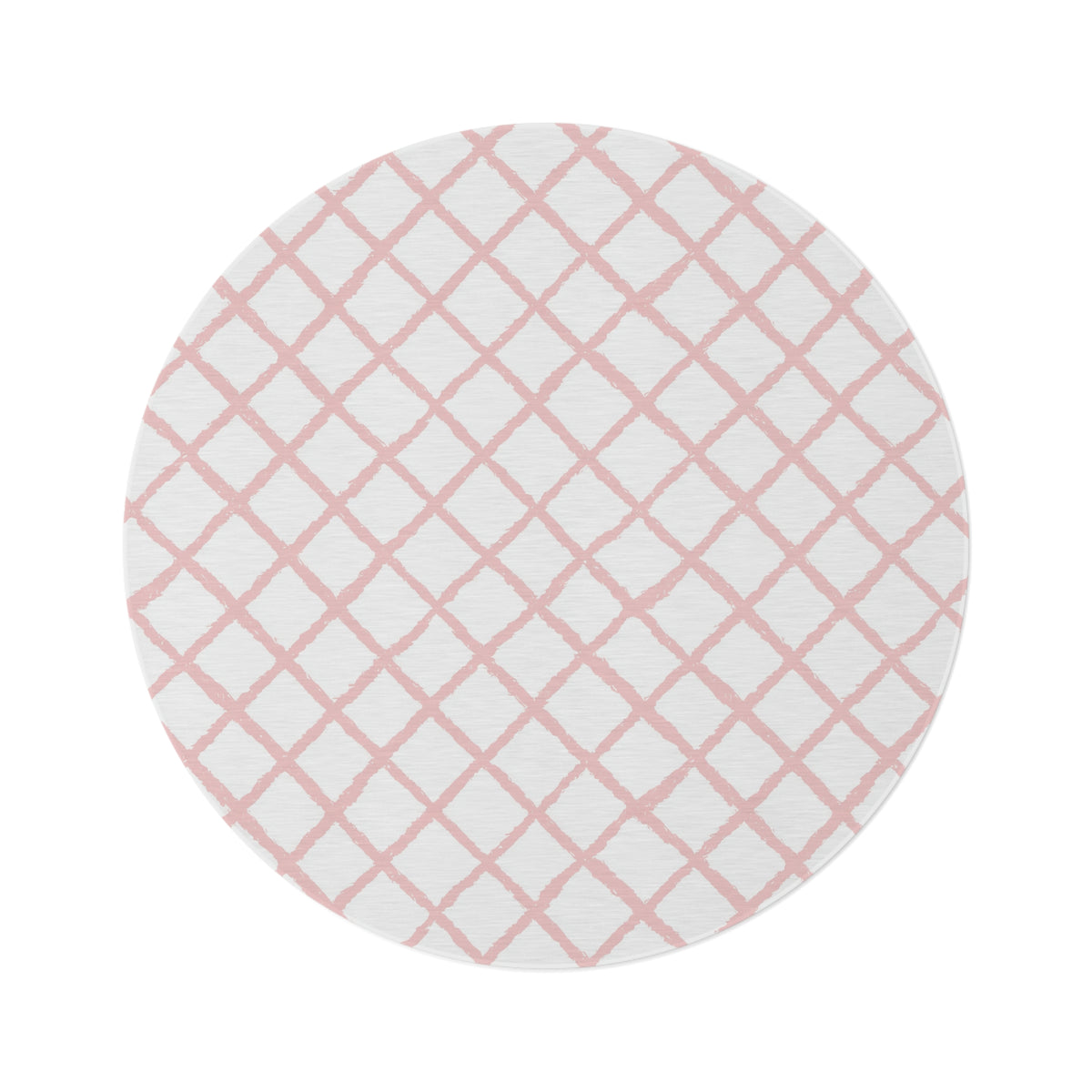 Pink trellis round nursery rug on a baby girl's bedroom floor