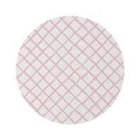 Pink trellis round nursery rug on a baby girl's bedroom floor