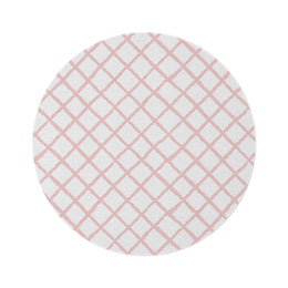 Pink trellis round nursery rug on a baby girl's bedroom floor