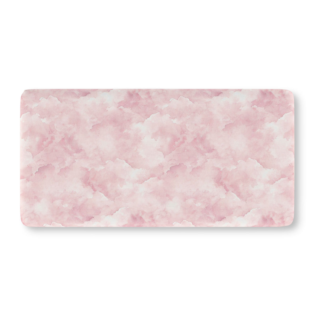 Soft pink cloud print crib sheet showing the fitted elasticated corner