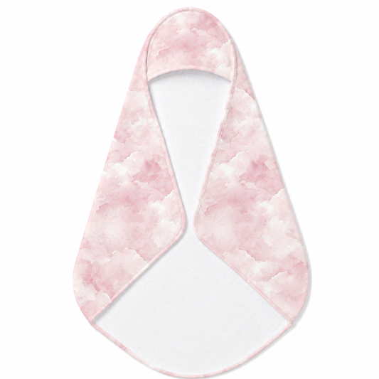 Pink Watercolor Clouds hooded baby towel wrapped around a baby