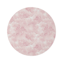 Pink watercolor clouds round nursery rug on a baby girl's bedroom floor