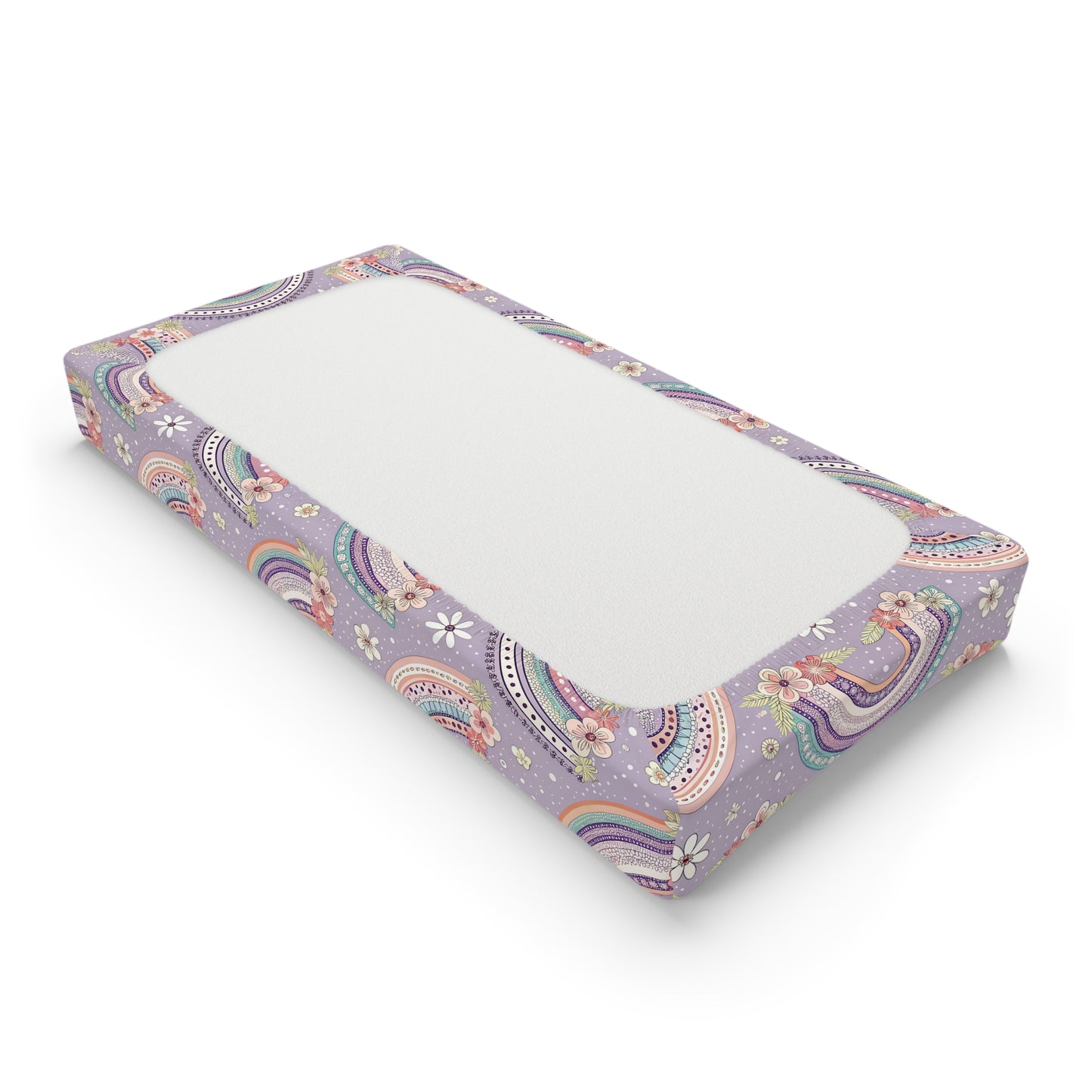 Changing pad cover with banded rainbows and coral posies