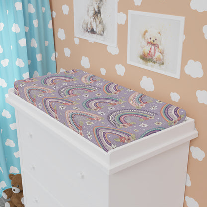 Posy Rainbows changing pad cover fitted over a contoured pad