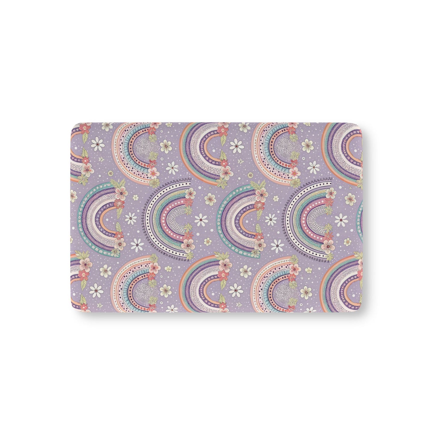 Posy Rainbows fitted crib sheet on a nursery crib mattress